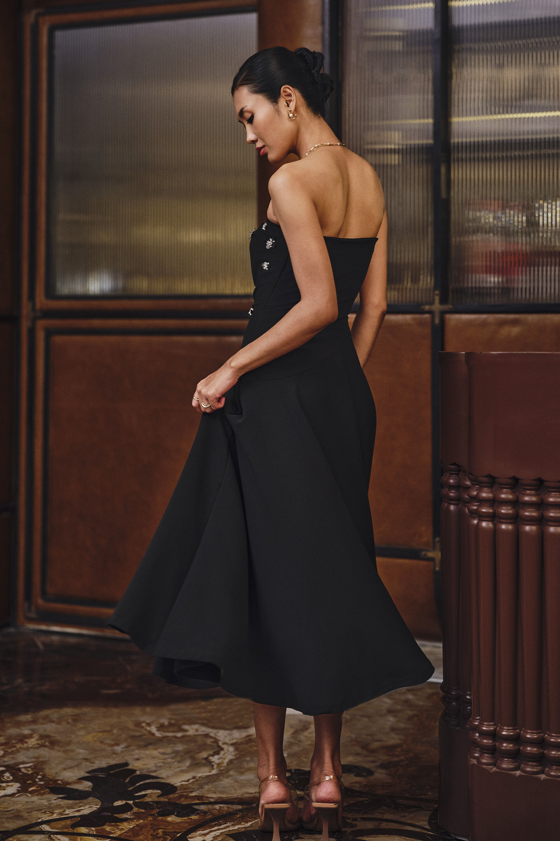 Aymmetric Embroidered Bandeau Dress in Black, Black, image 6